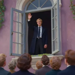 lucifer from'the sandman ( 2 0 2 2 )'standing in the window of the palace, waving at the crowd, smooth, sharp focus, by jeremy lipkin, john berkey, claude monet, dino valls