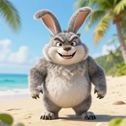 a photorealistic adorable fierce furry monster with long floppy rabbit ears chubby body and wolf legs with stubby claws, Smiling at the camera with a mischievous grin, happy lighting, at a tropical beach