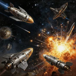 intergalactic war with spaceships and missiles and explosions and stars in style of a renaissance painting, 8 k