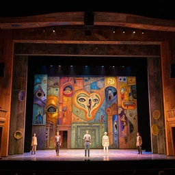 photo of a huge theaterstage, play is waiting for godot, 3 actors on stage, 8 k, multicolored, exaggerated detailed, long shot