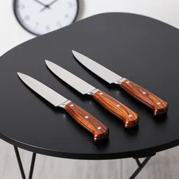 three knives reflective blade with polished wooden handles, on a black table with diamond legs 2 2 mm 4 k clock on wall