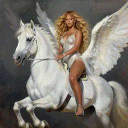 oil painting of beyonce as a sorceress woman riding a white seraphim winged horse in the style of artist wayne reynolds, highly detailed, 8 k, artstation