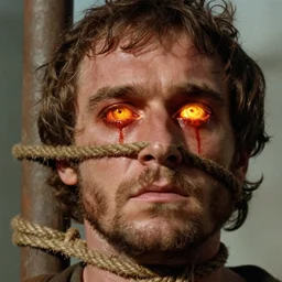 1 9 7 0 s movie still close - up of marcus atilius regulus'face tied with ropes at a pole with sewed eyes, forced - open eyes looking directly at the burning sun, his eyes are bleeding intense, cinestill 8 0 0 t 3 5 mm, high quality, heavy grain, high detail, texture, dramatic light, anamorphic, hyperrealistic, detailed hair