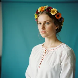 a photograph of beautiful nordic woman wearing a white folkdrakt dress, she has a summer flower headband. against a teal studio backdrop. strong kodak portra 4 0 0 film look. film grain. cinematic. in - focus