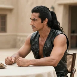 muscular man sitting at table on tatooine, wearing a black black black leather vest vest vest, no shirt, shirtless, long long black black hair in a ponytail ponytail 9 9 9