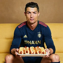 a promo portrait of cristiano ronaldo in a sofa, holding a plate of hot dogs to the camera,