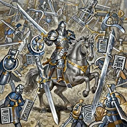 epic war commander with armored helmet holding two gigantic sword and riding a standing horse while attacking enemies. highly detailed, digital painting, concept art, smooth, sharp focus, illustration, art by greg rutkowski