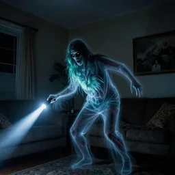 horror demon evil transparent spirit attacks in living room interior coloured photo close shot on iphone, neon palm - print, dynamic pose, sharp focus, grainy, corpse, paranormal, long exposure, cinematic light, flashlight, night, total darkness, poltergeist, aberrations,