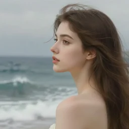 cinestill 5 0 d portrait of a dreamy beautiful woman looking at a sea tempest shooting by roversi painting by waterhouse, elegant, highly detailed, pale tonal matt, soft blur, artstation, sharp focus, head in focus