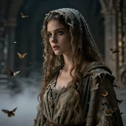 close - up of a woman in tattered robes, in a cloud of moths. in a dark castle interior. dramatic. cinematic. concept art. 4 k, ultra - high - definition