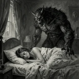 monster looking towartd a bed with someone sleeping on it, drawing, scary