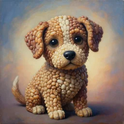 painting of a very very very cute dog made entirely of beans, close up of a puppy, by zdzislaw beksinski, by dariusz zawadzki, by wayne barlowe, gothic, surrealism, cosmic horror, lovecraftian, cold hue's, warm tone gradient background, concept art, beautiful composition