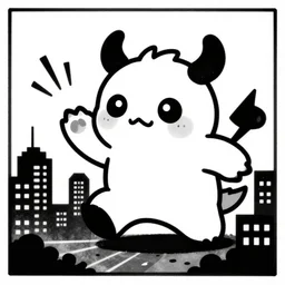 a white and black cute occult horror monster!! attacking a city!, stencil art by shag, tom whalen, artgerm, clean bold lines