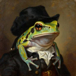 a head and shoulders portrait painting of an anthropomorphic!!!!!!!!!! amazon milk frog!!!!!!!!!! wearing a dark colonial outfit without a hat looking off camera, a character portrait, romanticism, oil on canvas, visible brushstrokes, intense color