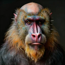 close up portrait of a mutant monster creature with colorful mandrill - like nose, baldness, needles portruding through the cheeks, painted forehead, medusae beard. jan van eyck, walton ford