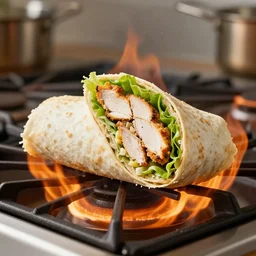 chicken salad sandwich wrap on fire in a kitchen