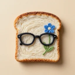 a bread toast with eyeglasses and a blue flower, needle felting art