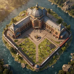 a topdown battlemap from 9 0 degrees angle of a large symmetrical old train station, dnd encounter, river, rocks, dawn, extremely detailed, no people, photorealistic, octane render, 8 k, unreal engine 5. art by artgerm and greg rutkowski and alphonse mucha