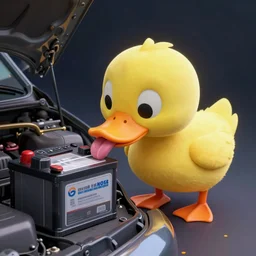 a cartoon duck licking a car battery