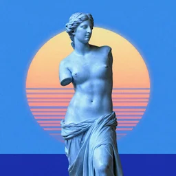 Blurred dressed in blue cloths Venus de Milo against retrowave sun in blue tint, vaporwave,