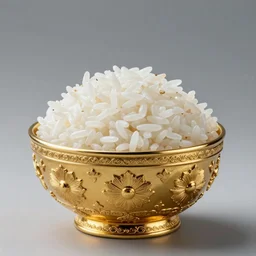 an ornate golden bowl of rice, side-view, highly detailed photograph