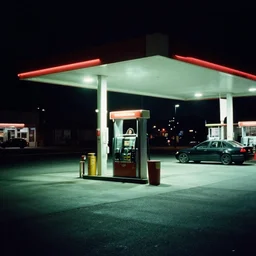 a cinestill photography, it's night, the city is quiet, a car is parked at the last gas station at the edge of town, in the darkness eyes watch us, cinestill 800