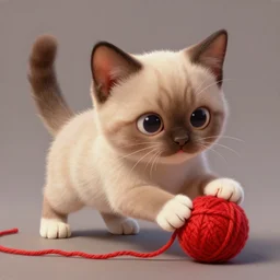 a painting of a cute light beige kitten with dark brown ears and face and legs and tail and white paws playing with a red yarn ball. big eyes. character design by cory loftis, fenghua zhong, ryohei hase, ismail inceoglu and ruan jia. volumetric light, detailed, rendered in octane