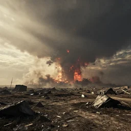 post apocalyptic landscape, there is a nuclear explosion in the background, few sun rays, wallpaper, photo, hd, high detailed