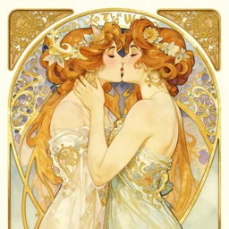 the kiss | highly detailed | very intricate | art nouveau | gold filigree | romantic storybook fantasy | soft cinematic lighting | award - winning | disney watercolor illustration by mandy jurgens and alphonse mucha and alena aenami | pastel color palette | featured on artstation