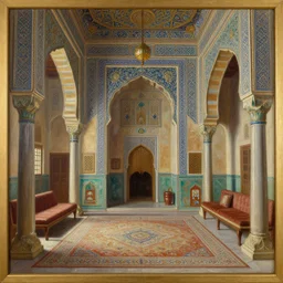 a beautiful, detailed oil painting in the orientalist style, of the ornate chambers of an oriental arabian princess, with screens and silks, with a balcony overlooking a garden full of fountains, by frederic leighton