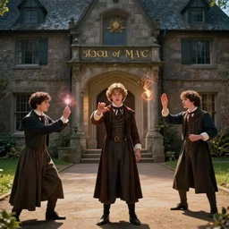 sharp, highly detailed, still from a 2 0 1 9 sci fi color movie, set in 1 8 5 0 in an alternate universe, mid distant shot of three students practicing magic, outside the'school of magic ', 1 8 5 0 s era clothing, cinematic lighting, special effects, cinematic photography