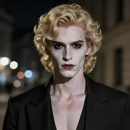 a beautiful young male vampire, pale skin with dark veins, totally black eyes, blond curly hairs. Modern dress. Night scene. Front view. High detailed. Urban background. Ciematic lighting.
