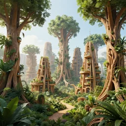 futuristic sci - fi city made of wood, buildings made of giant trees, organic engineering, lush flora, beautiful render, volumetric lighting, haze, raytracing, 8 k