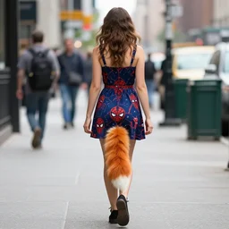 back of a young woman in a dress with spiderman patterns, and a fox tail popping out between her legs , walking the streets of new york