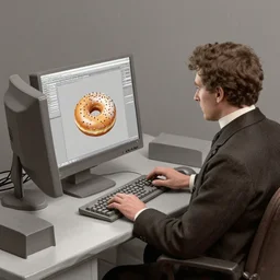 an early 1800s photo of someone sitting at a computer making a donut on a computer in blender3d