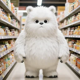 a white furry monster at a grocery store