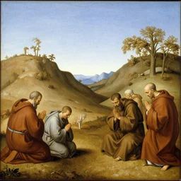landscape with praying monks, painting in the style of greco