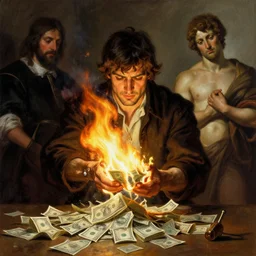 Alex Jones burning his money, by Frank Frazetta, by Rembrandt, by Michelangelo, digital painting, masterpiece