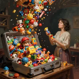 an open suitcase sits on a table, the open suitcase contains a vast pile of toys, the pile of toys rises all the way to the ceiling, the pile of toys blocks the background, a woman stands next to the table and suitcase, the woman holds more toys