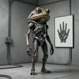 darksynth, techno mutant standing in a constructivist room with blank walls connected by wires and cords to a toad's head, Hand Screen Printed, by Jason Galea, by H.R. Giger, rendered in blender, ultra realistic, smooth shading, ultra detailed, high resolution, cinematic