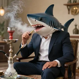 a man dressed in a suit with a shark head, sitting in a lounge and smoking hookah, photorealistic, artstation