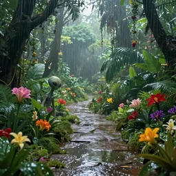 An alien jungle, colorful flowers, pathway, reflection, rain, morning light, photorealistic, realistic, high definition, soft light, high definition, detailed, 8k, artstation