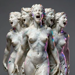 sculpture statue of Emma Watson by Jean-Baptiste Carpeaux and Luo Li Rong and Michael James Talbot, all body, very emotional screaming expressions, perfect symmetrical face, psychedelic colors, rainbow glass shining marble, in full growth, elegant, realistic, 8K, female full-skin figure, hyperrealism, subsurface scattering, raytracing, rim light, Octane Render, Redshift, Zbrush, retrowave synthwave glitch posteffects