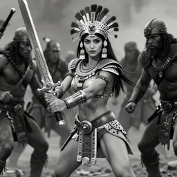 action scene, aztec princess fights barbarians,rich Aztec jaguar armor,ligtt sword, vertical composition, inspired by monster hunter and westerns, muscular body, clean beautiful symmetrical face,  subtle make up, epic,dramatic lighting, cinematic, establishing shot, extremely high detail, photorealistic,  pin up, provocative , cinematic lighting, artstation, octane render, dark fantasy ,old photo, vintage, black and white