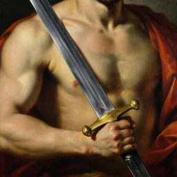 close - up detail scene of heman, oil painting, high contrast, detailed, he holds the sword of power, masterpiece, vibrant colors, by goya, velazquez, greco