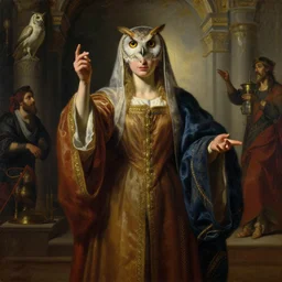 neoclassical portrait of a fortune teller wearing an owl and religious garments in her temple, by jacques - louis david, by greg rutkowski, by zdzisław beksinski, by josep tapiro baro, trending on artstation, featured on pixiv, masterpiece, oil on canvas, cinematic composition, dynamic beautiful lighting,