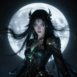 portrait of moon sorceress, beautiful, attractive, glowing, jaw dropping, dynamic lighting, dark, menacing, intricate and detailed, 4 k octane render, green eyes, age 2 0