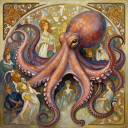 an hyper intricate oil painting of an octopus!!!!! on a party, hyper detailed tentacles, excellent composition, by yoshitaka amano, by greg rutkowski, by alphonse mucha, by rhads, by ross tran, trending on artstation