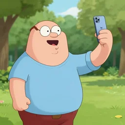 modern color fine details iphone 1 2 pro selfie photograph of peter griffin taking a selfie in a park on an iphone 1 2 pro, peter griffin, modern hd cell phone photograph in color, instagram