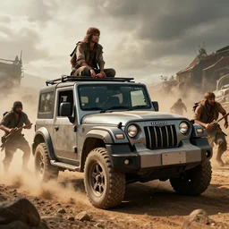 Mahindra thar, tribe members attacking, action scene, an epic fantasy, dramatic lighting, cinematic, establishing shot, extremely high detail, photorealistic, cinematic lighting, artstation, by simon stalenhag, horizon forbidden west